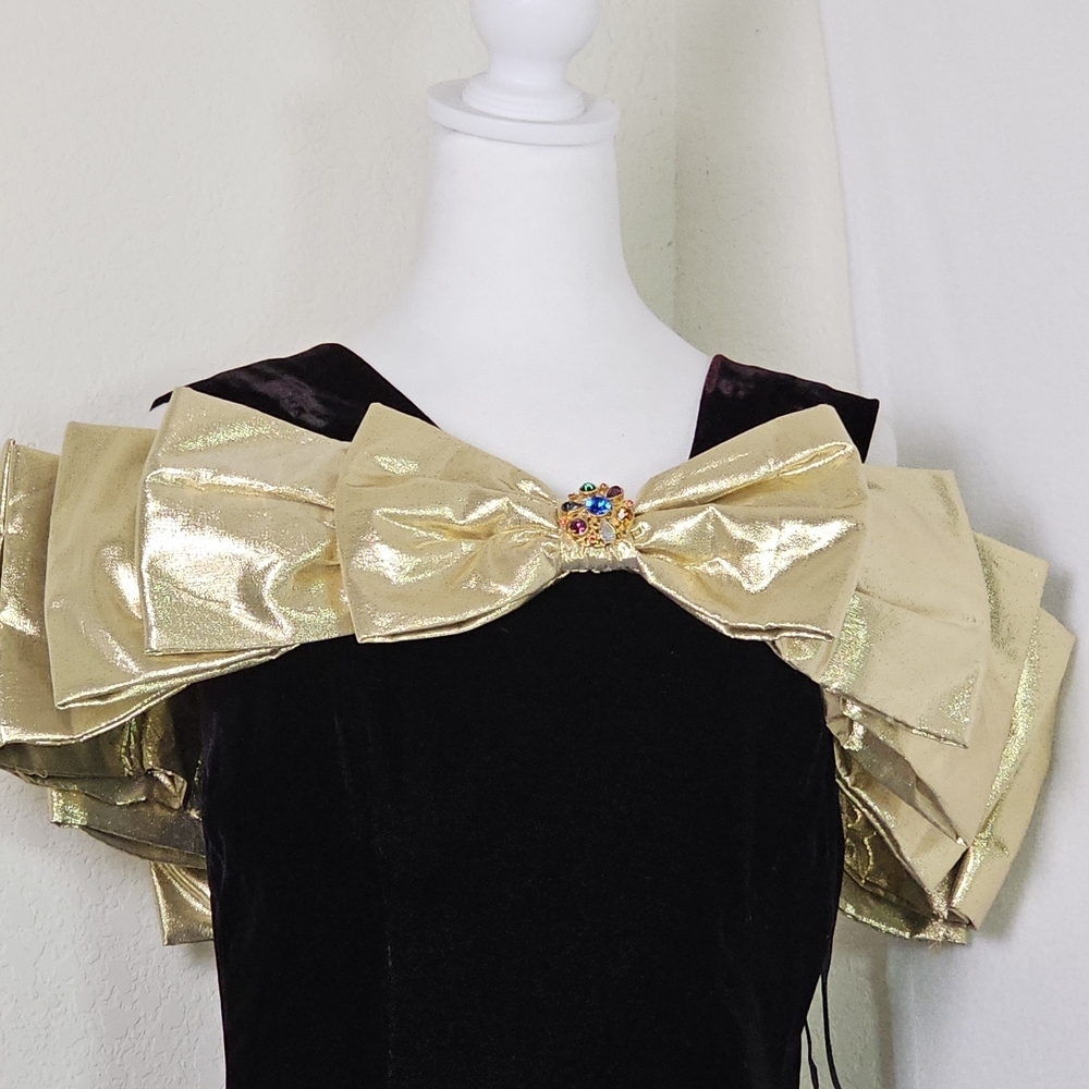Vintage Morton Myles Saks Velvet Gold Bow Metallic Floral Cocktail Dress Sz S - Picture 2 of 15